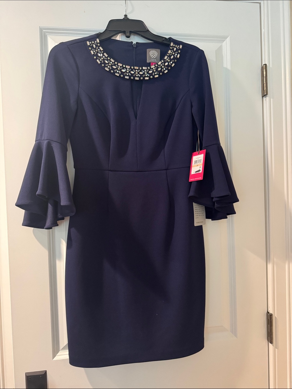 Vince Camuto Navy Jewel-Neck Sheath Dress with Ruffle Sleeves